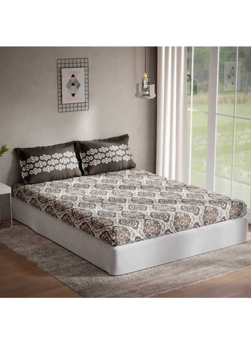 DDECOR Ethnic King Fitted Bedsheet with 2 Pillow Covers Graphite Grey