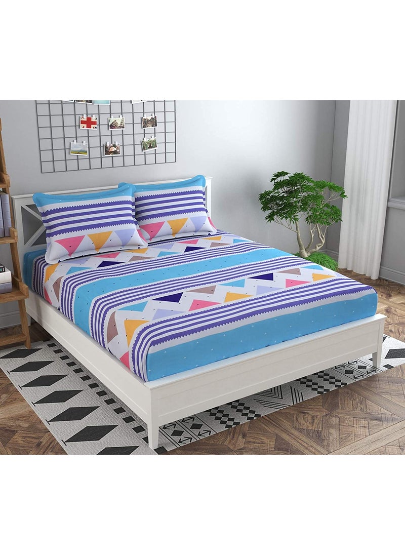 THE HOME STYLE Cotton Feel Glace Cotton Elastic Fitted Printed King Size Double Bed Bedsheet with 2 Pillow Cover78x72x8Fits Upto 8 Inches Mattress White Blue Double Bed