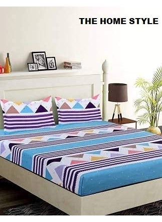 THE HOME STYLE Cotton Feel Glace Cotton Elastic Fitted Printed King Size Double Bed Bedsheet with 2 Pillow Cover78x72x8Fits Upto 8 Inches Mattress White Blue Double Bed
