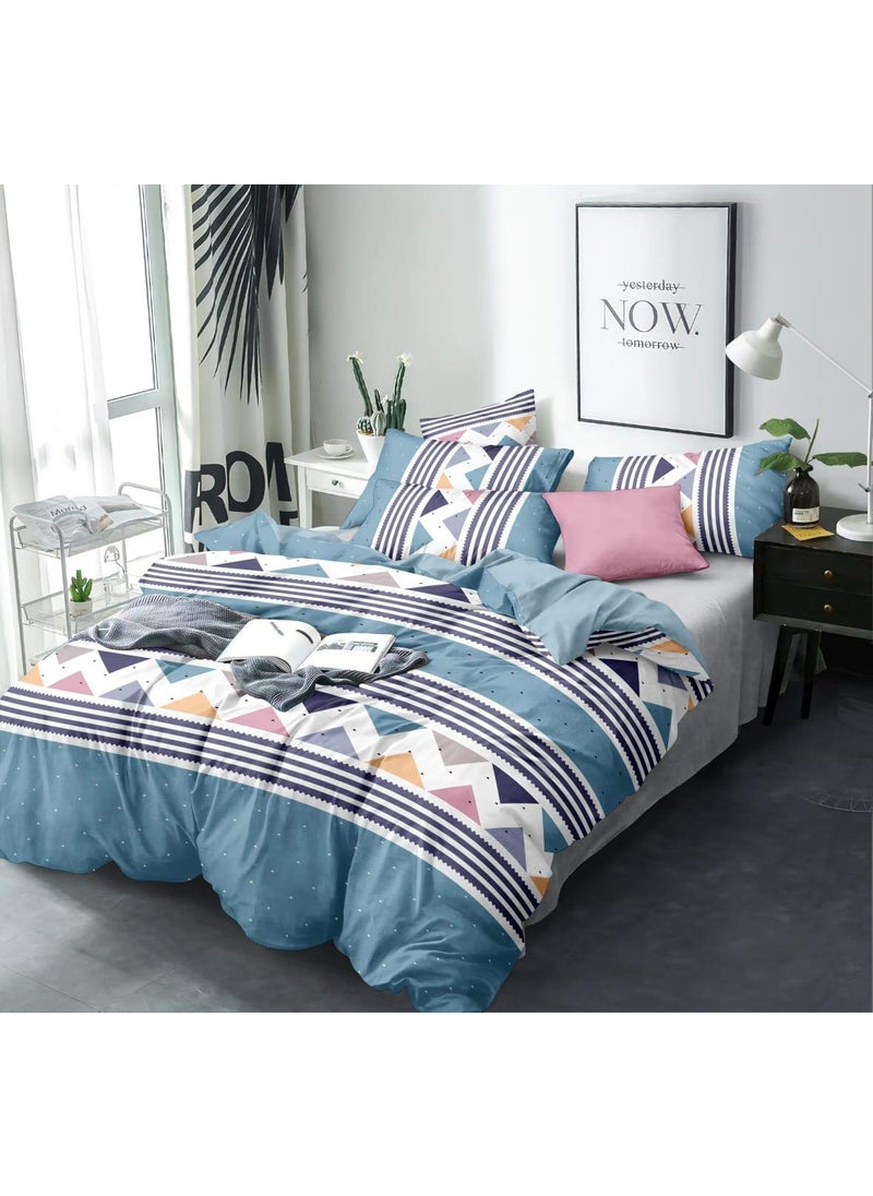 THE HOME STYLE Cotton Feel Glace Cotton Elastic Fitted Printed King Size Double Bed Bedsheet with 2 Pillow Cover78x72x8Fits Upto 8 Inches Mattress White Blue Double Bed