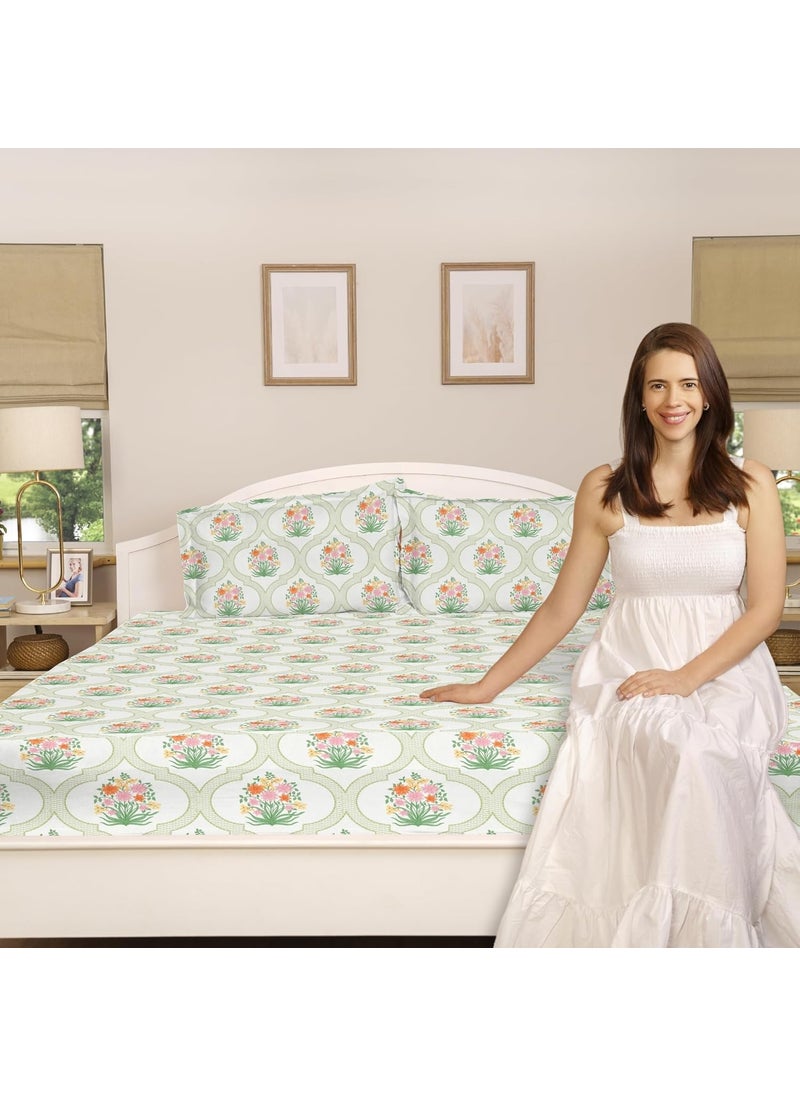 Haus Kinder Double Size Bedsheets for Bed 186 TC 100 Cotton Bed Sheet for Queen Size Bed with 2 Pillow Covers Bedsheet with Festive Floral Design