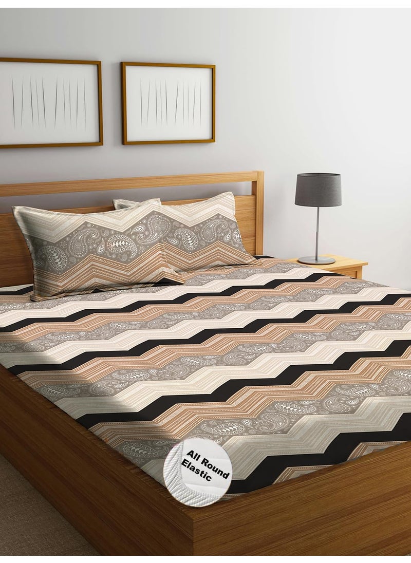 THE HOME STYLE Cotton Feel Glace Cotton Elastic Fitted Printed Queen Size Double Bed Bedsheet with 2 Pillow Cover Fits Upto 8 Inches Mattress 60x78 Walnut Mist