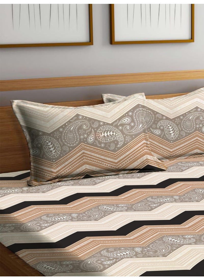 THE HOME STYLE Cotton Feel Glace Cotton Elastic Fitted Printed Queen Size Double Bed Bedsheet with 2 Pillow Cover Fits Upto 8 Inches Mattress 60x78 Walnut Mist