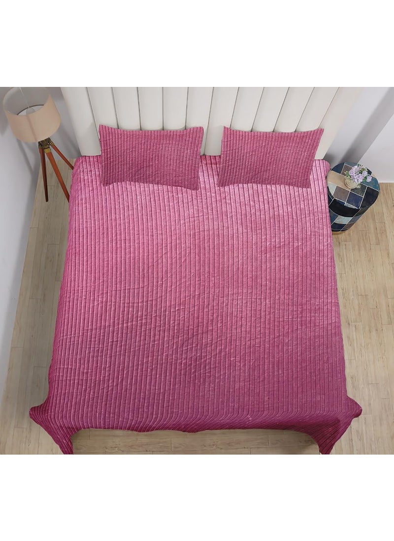 PRINDA WarmWinter Super Soft Solid Self Stripe King Size Flat Double Bedsheet90 x 100 Inch with 2 Pillow Cover 18 x 28 Inch Colour Pink