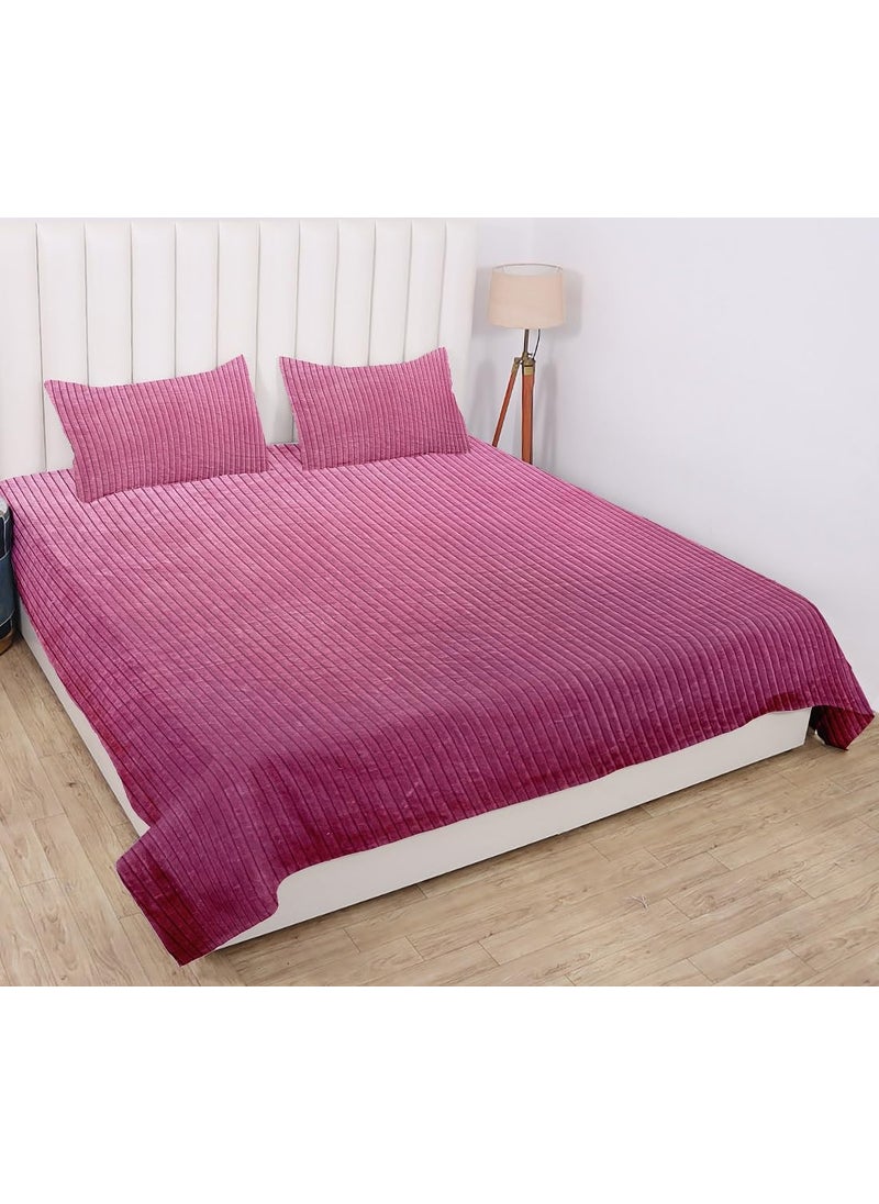 PRINDA WarmWinter Super Soft Solid Self Stripe King Size Flat Double Bedsheet90 x 100 Inch with 2 Pillow Cover 18 x 28 Inch Colour Pink