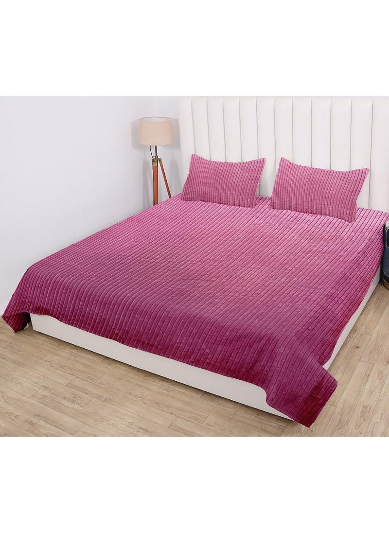 PRINDA WarmWinter Super Soft Solid Self Stripe King Size Flat Double Bedsheet90 x 100 Inch with 2 Pillow Cover 18 x 28 Inch Colour Pink
