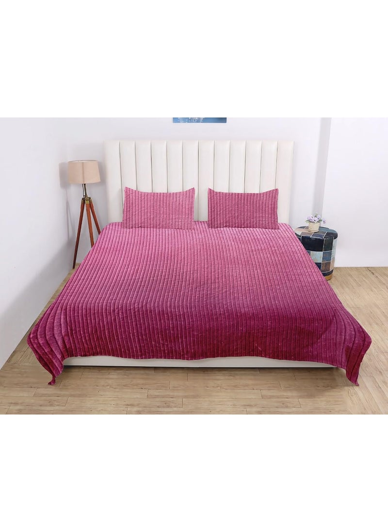 PRINDA WarmWinter Super Soft Solid Self Stripe King Size Flat Double Bedsheet90 x 100 Inch with 2 Pillow Cover 18 x 28 Inch Colour Pink
