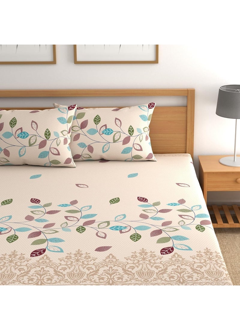 DREAMLET Prime Collections 160TC Pure Cotton Wrinkelfree Breathable Supersoft Double Flat Bedsheet with 2 Pillow Covers Beige Floral Flat