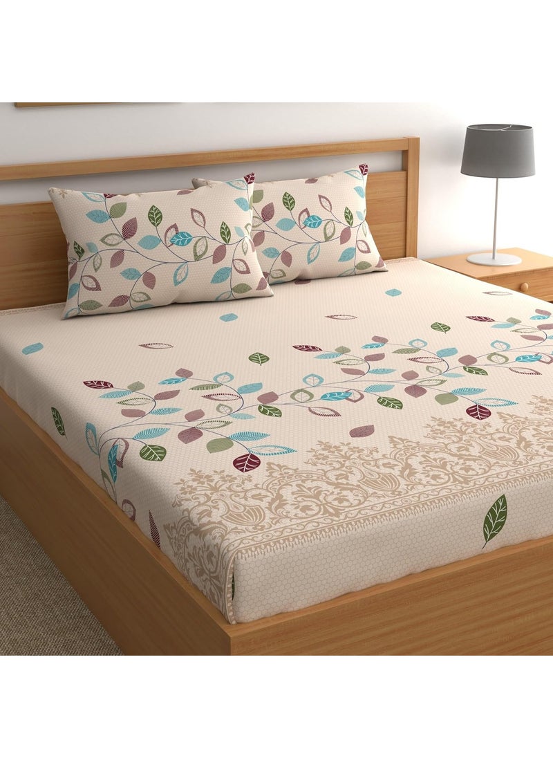DREAMLET Prime Collections 160TC Pure Cotton Wrinkelfree Breathable Supersoft Double Flat Bedsheet with 2 Pillow Covers Beige Floral Flat