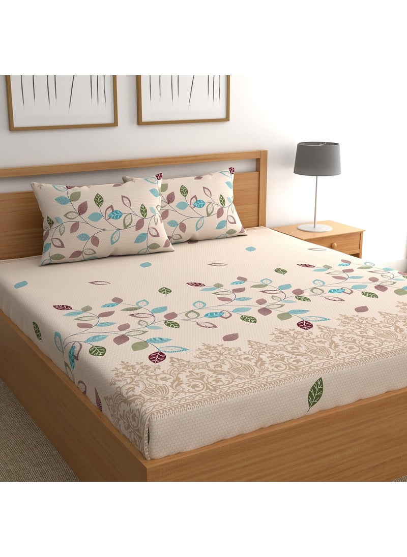 DREAMLET Prime Collections 160TC Pure Cotton Wrinkelfree Breathable Supersoft Double Flat Bedsheet with 2 Pillow Covers Beige Floral Flat