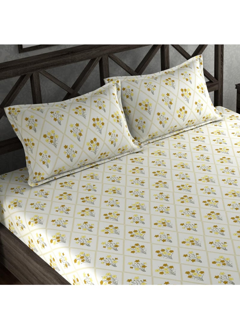 Subtlespreads Premium Cotton Feel Summer Cool Elastic Fitted Bedsheets with 2 Pillow Covers White Bed Sheets with Elastic Fitting Double 72x78 Yellow Flowers