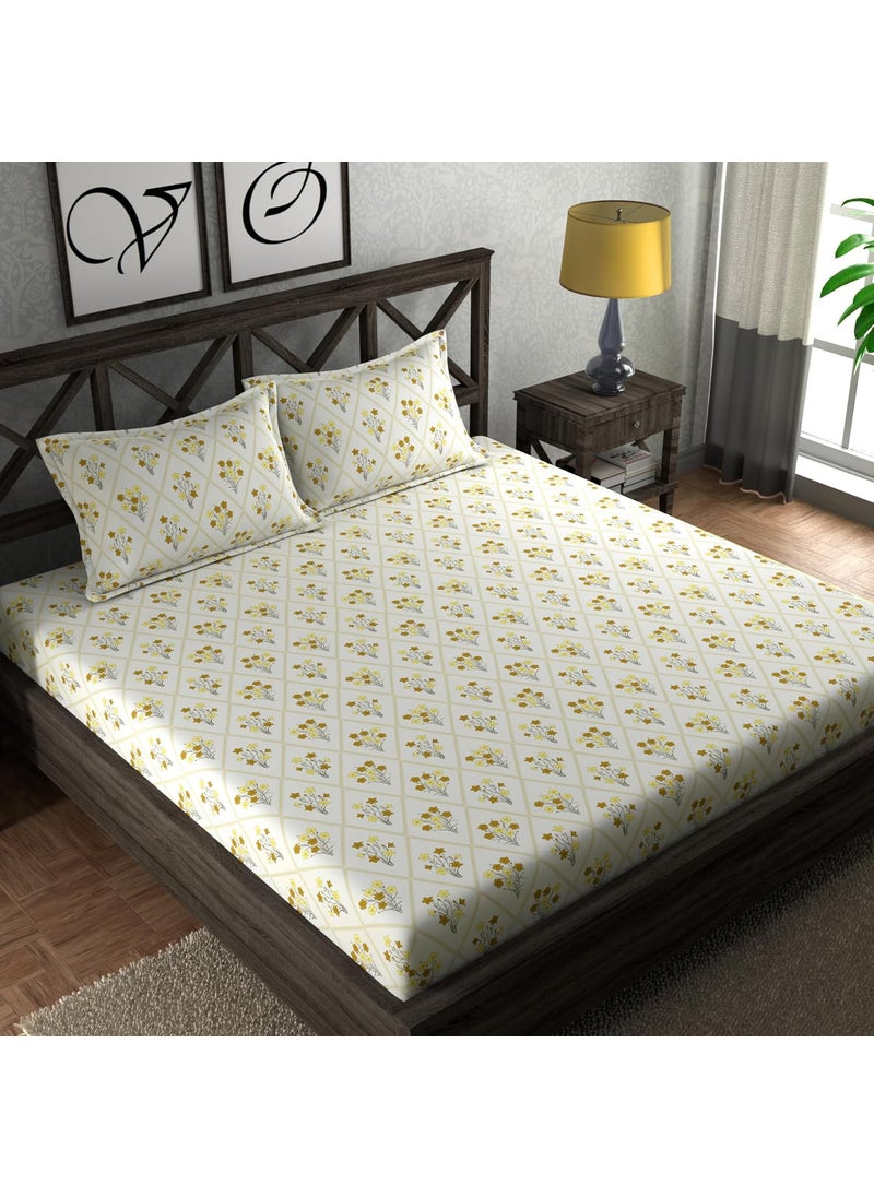 Subtlespreads Premium Cotton Feel Summer Cool Elastic Fitted Bedsheets with 2 Pillow Covers White Bed Sheets with Elastic Fitting Double 72x78 Yellow Flowers