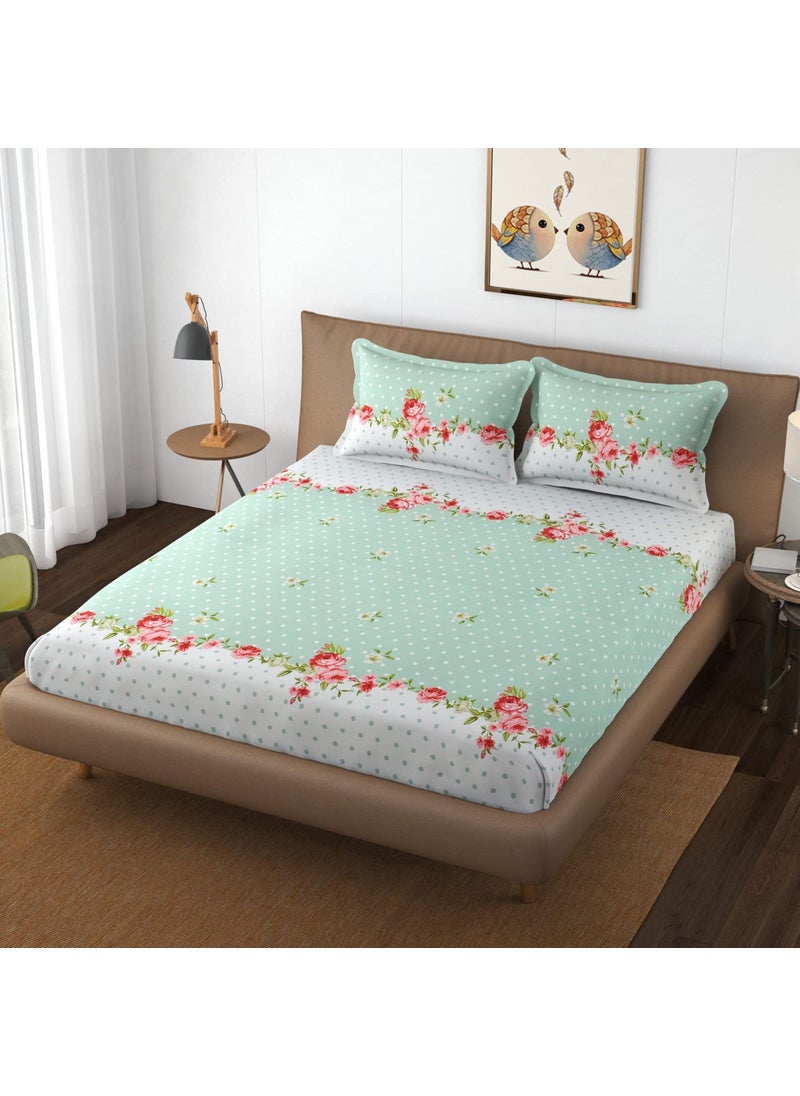 DECOMIZER Cotton Feel All Around Elastic Fitted Glace Printed King Size Double Bed Bedsheet With 2 Large Pillow Covers Fits Upto Mattress Of 8 InchesSize 72 X 78 X 10 Inches Green Flower 300 tc