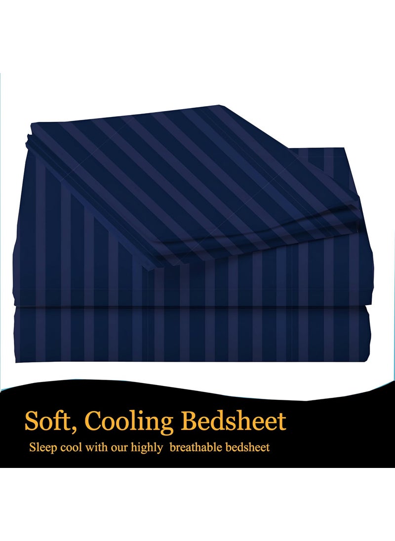 STARNSTYLE Microfiber Premium Elastic Fitted Striped Bedsheet with 2 Pillow Covers 78 x 72 King Size Navy Blue