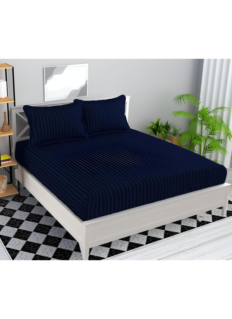 STARNSTYLE Microfiber Premium Elastic Fitted Striped Bedsheet with 2 Pillow Covers 78 x 72 King Size Navy Blue