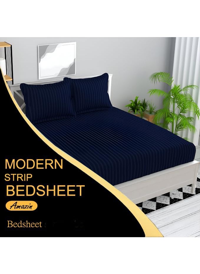 STARNSTYLE Microfiber Premium Elastic Fitted Striped Bedsheet with 2 Pillow Covers 78 x 72 King Size Navy Blue