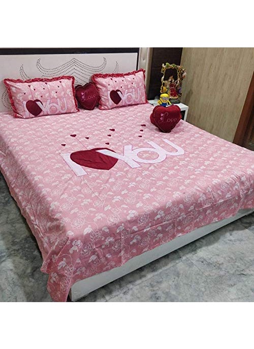 HomeStoreYEP Lovely 5 Pcs Pure Cotton I Love You Patch Luxury Designer Bedsheet with Two Pillow Covers and Two Heart Cushions for Couple Color Pink