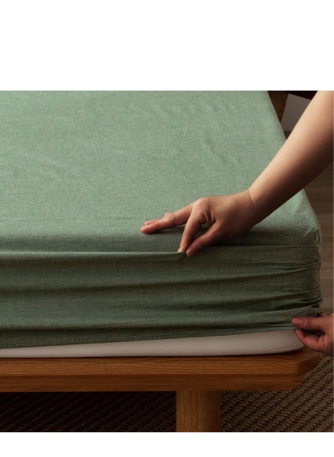 100% Washed Cotton Fitted Sheet Queen Size, Linen Like Cozy Soft Bottom Sheets, Breathable Deep Pockets, Breathable Warm not Shrink (Green)