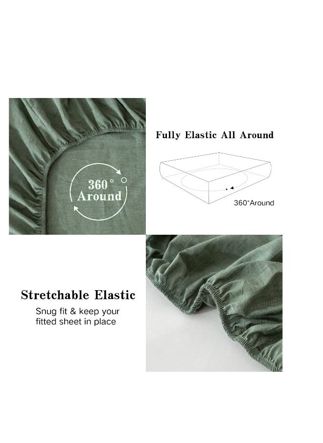 100% Washed Cotton Fitted Sheet Queen Size, Linen Like Cozy Soft Bottom Sheets, Breathable Deep Pockets, Breathable Warm not Shrink (Green)