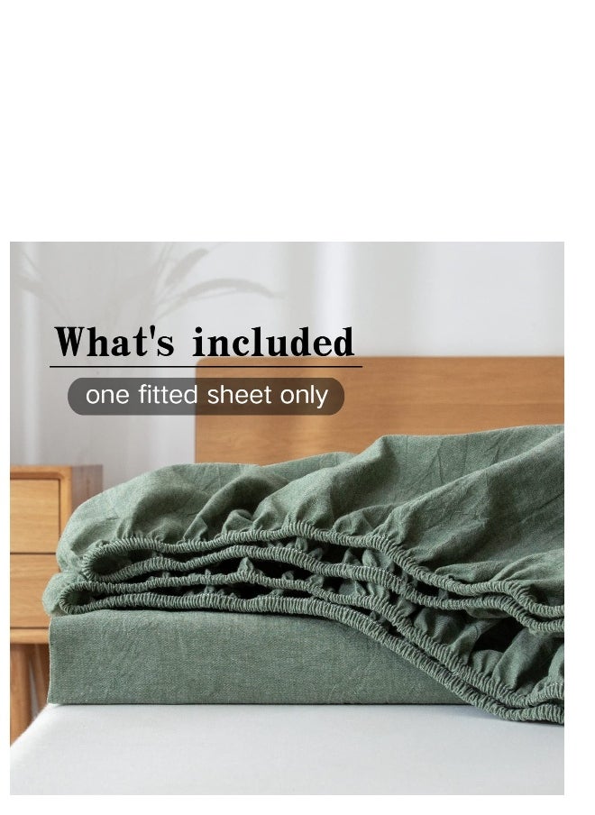 100% Washed Cotton Fitted Sheet Queen Size, Linen Like Cozy Soft Bottom Sheets, Breathable Deep Pockets, Breathable Warm not Shrink (Green)