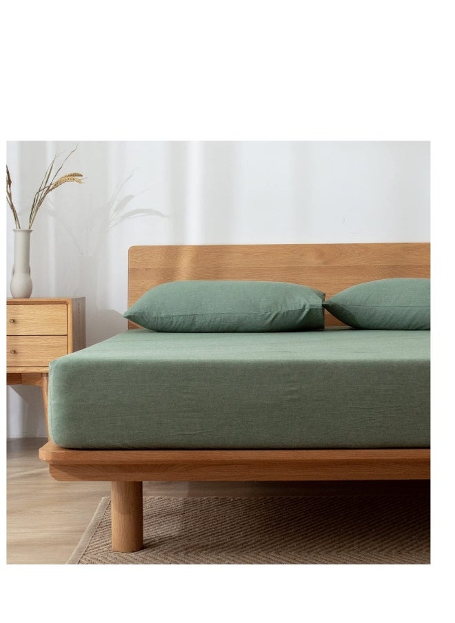 100% Washed Cotton Fitted Sheet Queen Size, Linen Like Cozy Soft Bottom Sheets, Breathable Deep Pockets, Breathable Warm not Shrink (Green)