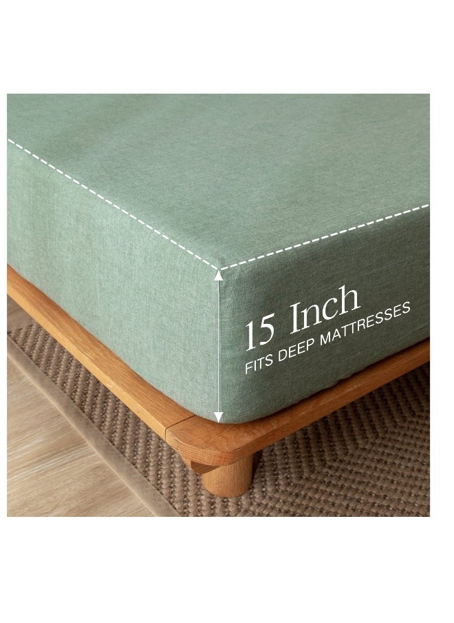 100% Washed Cotton Fitted Sheet Queen Size, Linen Like Cozy Soft Bottom Sheets, Breathable Deep Pockets, Breathable Warm not Shrink (Green)
