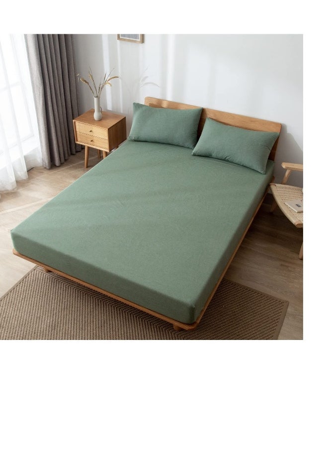 100% Washed Cotton Fitted Sheet Queen Size, Linen Like Cozy Soft Bottom Sheets, Breathable Deep Pockets, Breathable Warm not Shrink (Green)