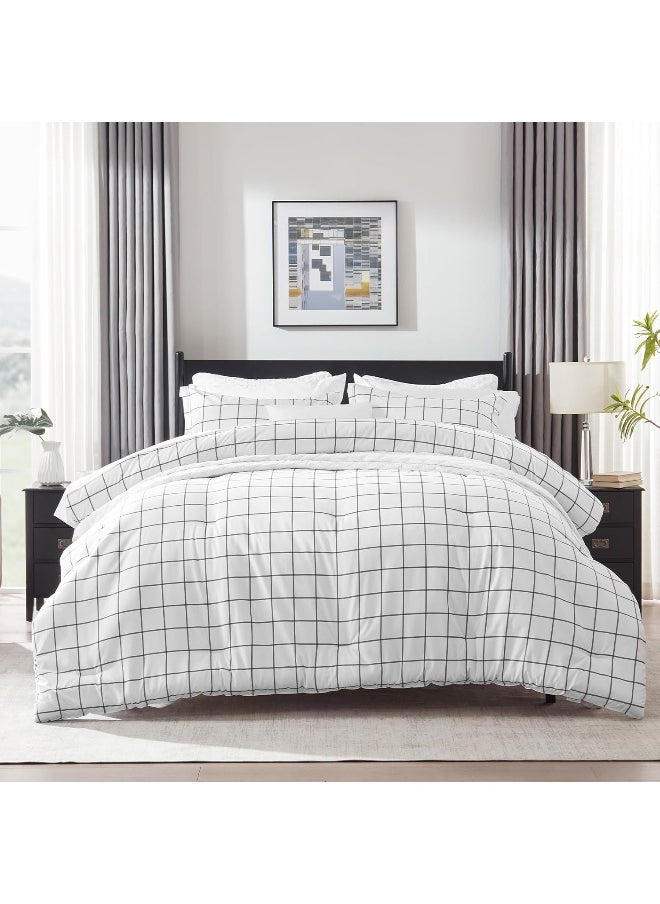SLEEP ZONE Dorm Comforter Twin XL, 5 Pieces Geometric Plaid Pattern Printed Soft Microfiber Bedding, Breathable & Soft Bed in A Bag (Grey Grid White, Twin XL)