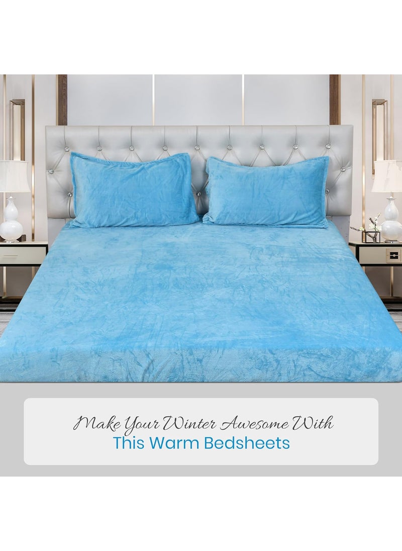 FRESH FROM LOOM 200 TC King Size Fitted BedsheetAll Side Elastic Premium Winter Soft Fur Bed Sheet with 2 Pillow CoverWoollen Feel Bedsheet Size 78 x 72 Inches Fits up to 8 InchAqua