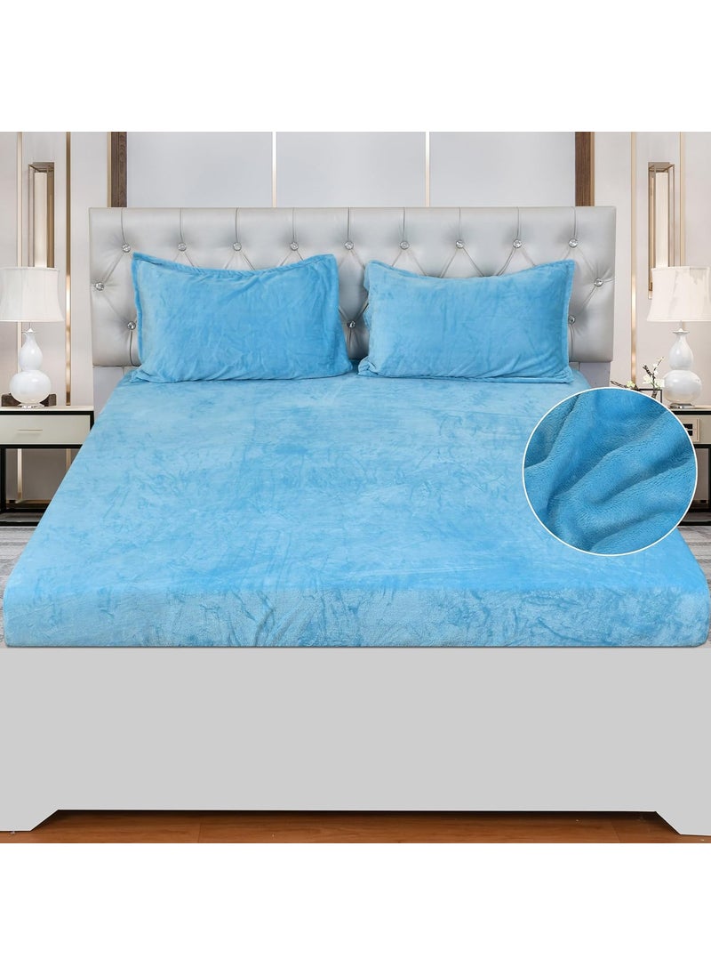 FRESH FROM LOOM 200 TC King Size Fitted BedsheetAll Side Elastic Premium Winter Soft Fur Bed Sheet with 2 Pillow CoverWoollen Feel Bedsheet Size 78 x 72 Inches Fits up to 8 InchAqua