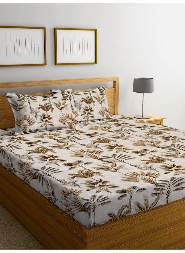 NHD HOME Premium Cotton Flat Double Bedsheets with 2 King Size Pillow Covers Double Bed Breathable Wrinklefree Ultrasoft 220 tc Supersoft Floral 90x90 Inches Beige and Brown