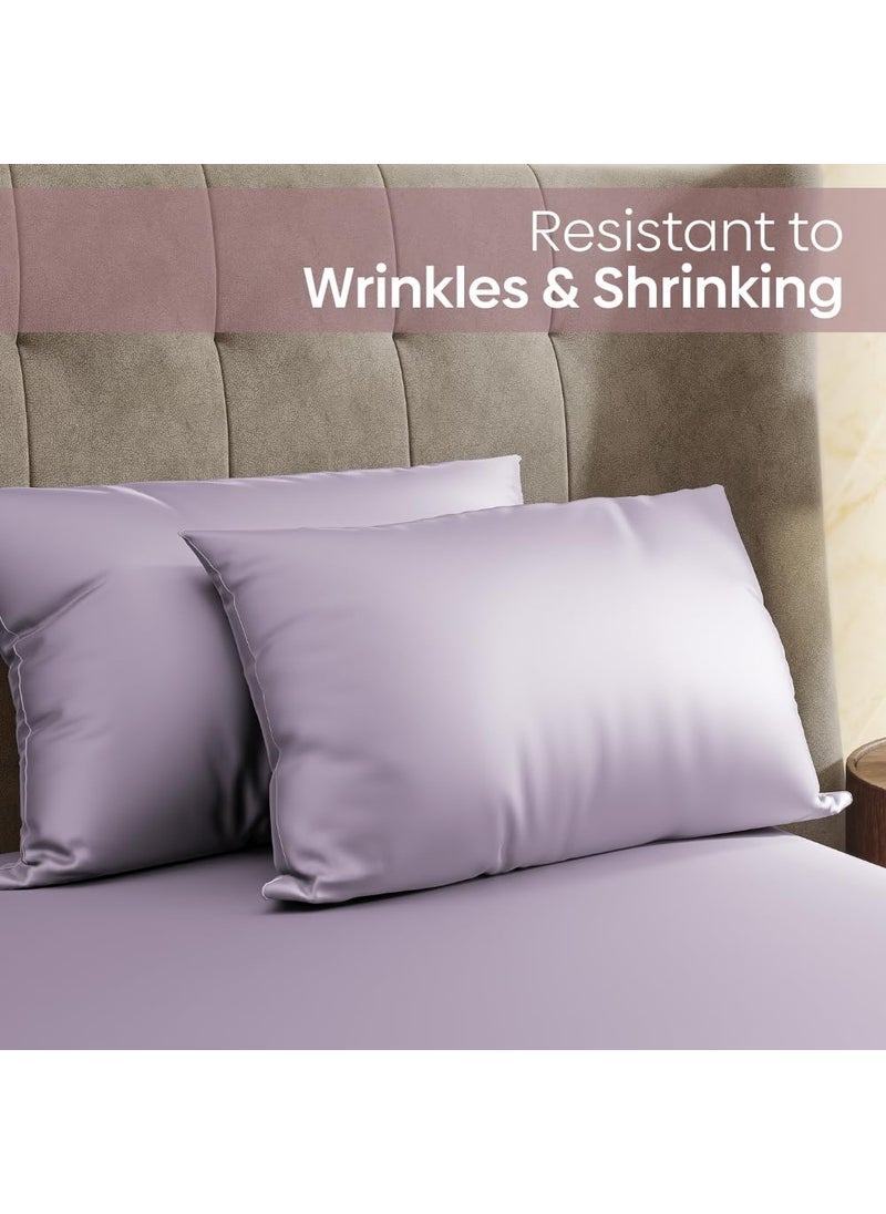 Haus Kinder 300 TC Fitted Bedsheets Queen Size Elastic Satin Bedsheet Ideal for Double Bed Satin Royale Lilac Bedsheet