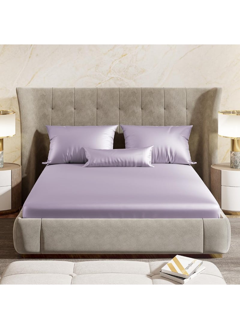 Haus Kinder 300 TC Fitted Bedsheets Queen Size Elastic Satin Bedsheet Ideal for Double Bed Satin Royale Lilac Bedsheet