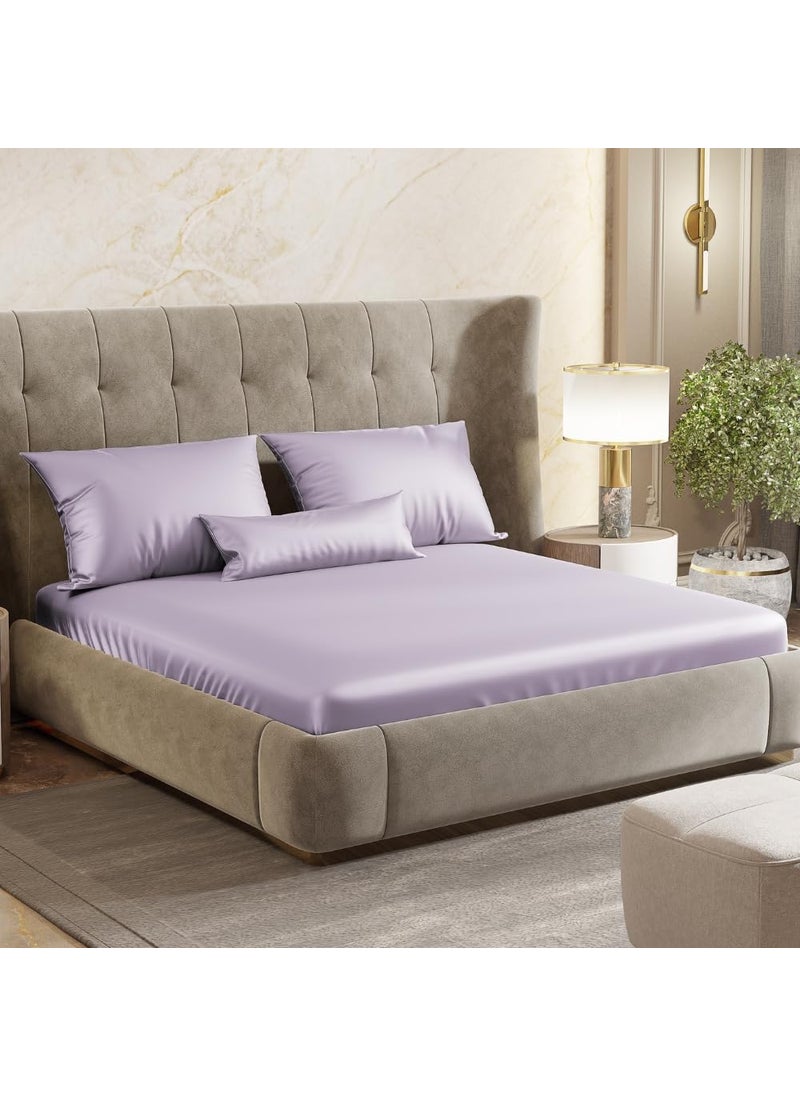 Haus Kinder 300 TC Fitted Bedsheets Queen Size Elastic Satin Bedsheet Ideal for Double Bed Satin Royale Lilac Bedsheet