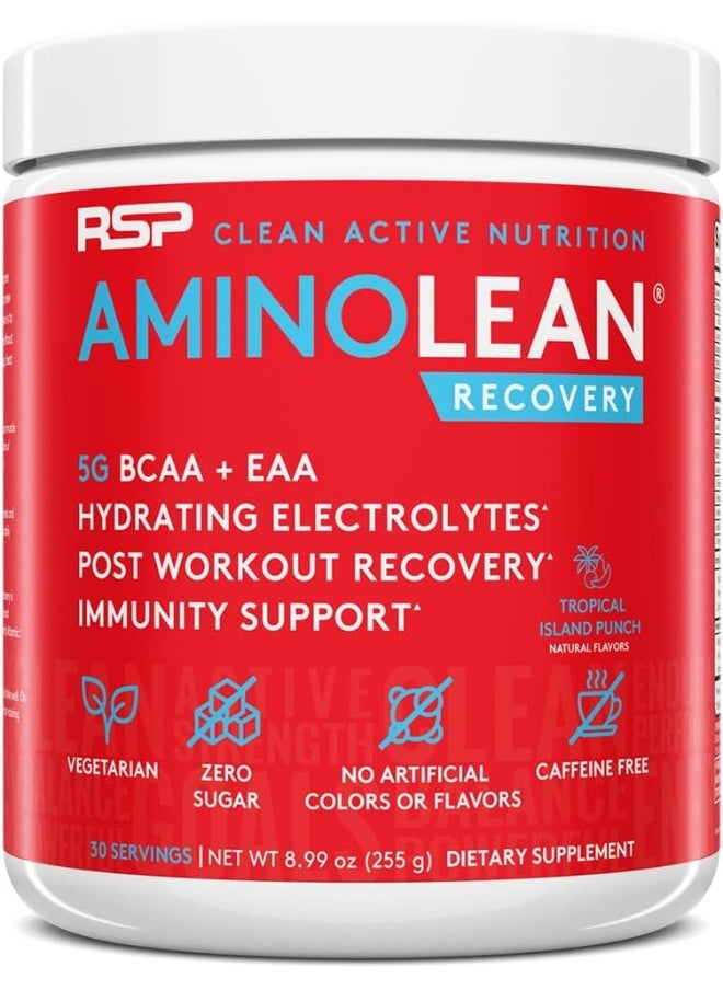 Aminolean Recovery - Post Workout Bcaas Amino Acids Supplement + Electrolytes, Bcaas And Eaas For Hydration Boost, Immunity Support - Muscle Recovery Drink, Vegan Aminos, Tropical Punch