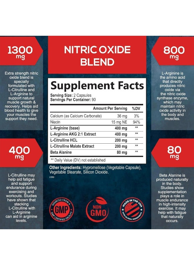Extra Strength Nitric Oxide Supplement L Arginine 3X Strength - Citrulline Malate, Aakg, Beta Alanine - Premium Muscle Supporting Nitric Booster For Strength & Energy To Train Harder - 180 Capsules