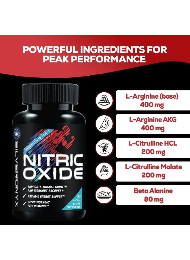 Extra Strength Nitric Oxide Supplement L Arginine 3X Strength - Citrulline Malate, Aakg, Beta Alanine - Premium Muscle Supporting Nitric Booster For Strength & Energy To Train Harder - 180 Capsules