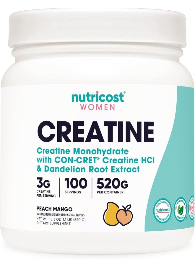 Creatine Monohydrate Powder For Women, Micronized, Peach Mango, 100 Servings - Vegetarian, Non-Gmo, Gluten Free