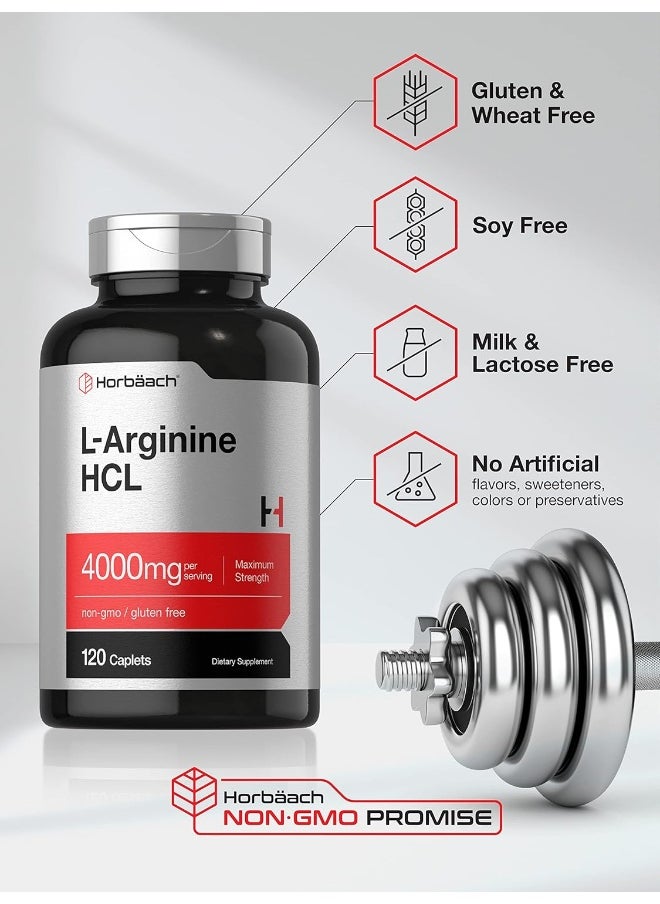 Horbäach L-Arginine 4000Mg | 120 Caplets | Maximum Strength Nitric Oxide Precursor | Vegetarian, Non-Gmo, Gluten Free Supplement