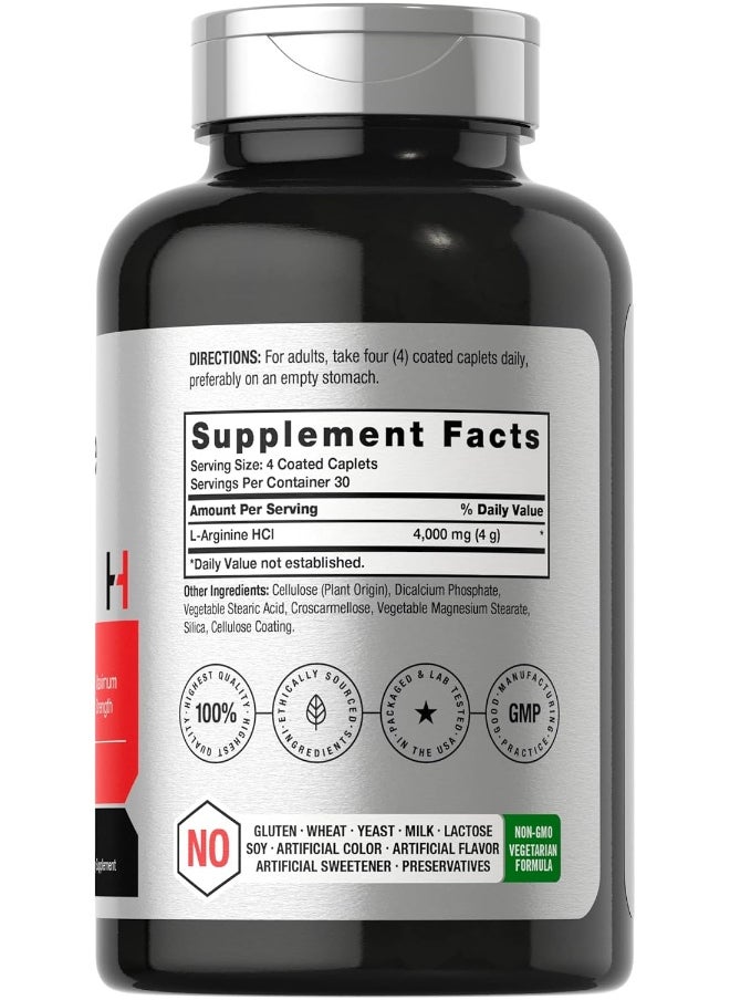 Horbäach L-Arginine 4000Mg | 120 Caplets | Maximum Strength Nitric Oxide Precursor | Vegetarian, Non-Gmo, Gluten Free Supplement
