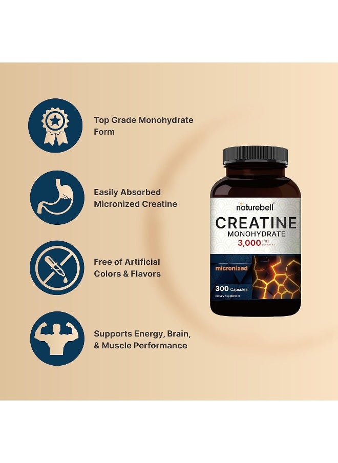 Creatine Monohydrate 3,000Mg Per Serving, 300 Capsules – Micronized – Unflavored Creatine Pills – Support Pre Workout & Healthy Muscle – Easily Absorbed, Easy To Swallow (50 Servings)