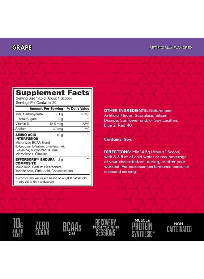 BSN AMINOx® Amino Energy Powder for Endurance And Recovery, Effervescent Instantized Amino Acids, Dietary Supplement - Grape, 435 Grams, 30 Servings