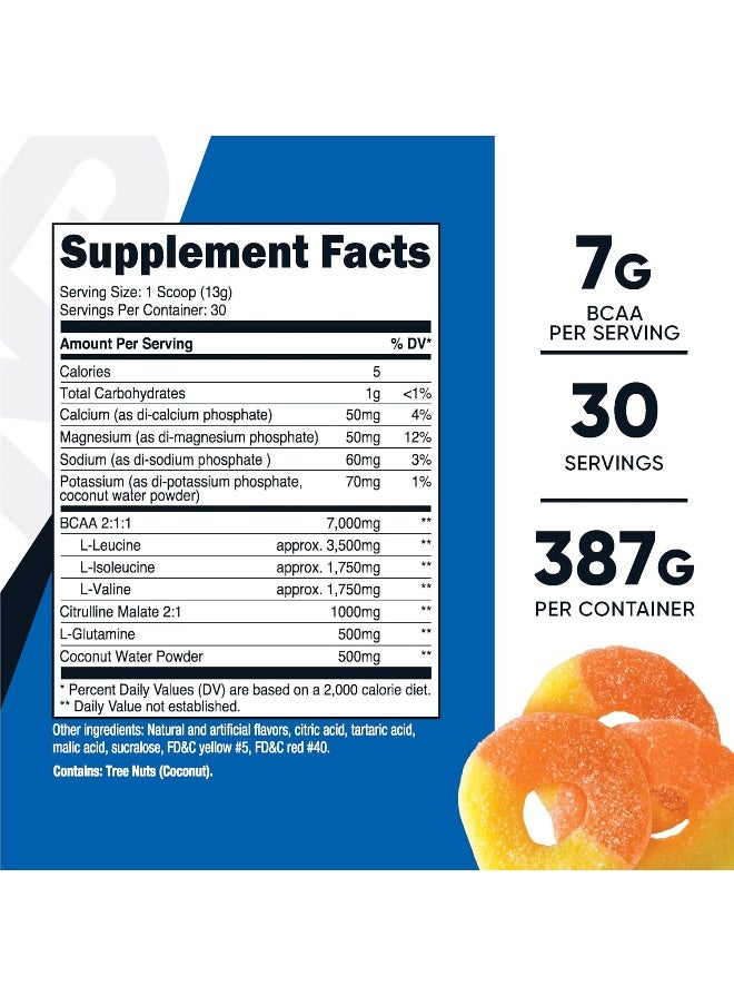 Nutricost BCAA + Hydration Powder (Peach Rings) 30 Servings - Branched Chain Amino Acids with Hydration Complex - Gluten-Free, Non-GMO