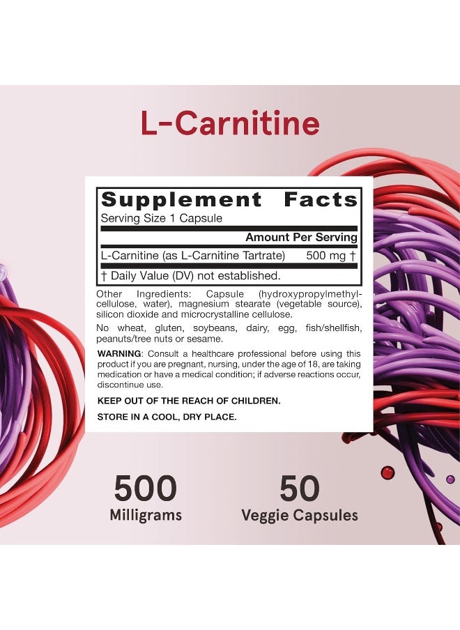 L-Carnitine Tartrate 500 Mg, Important Cofactor For Energy Production (Atp) From Fats, Up To 50 Servings, White, 50 Count