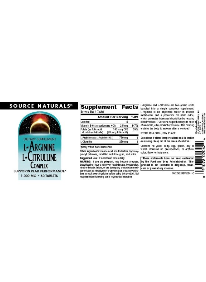 L-Arginine L-Citrulline Complex 1000Mg Essential Amino Acid Supplement - 60 Tablets