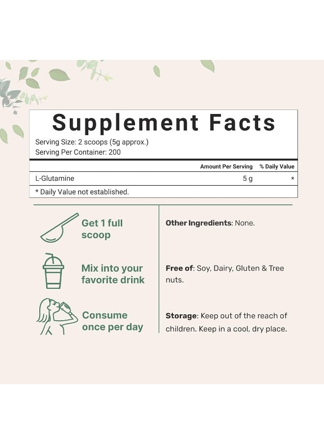Natural Amino Pure L-Glutamine Powder - Promote Muscle Mass & Recovery (1 Kg / 2.2 Lb) Vegan