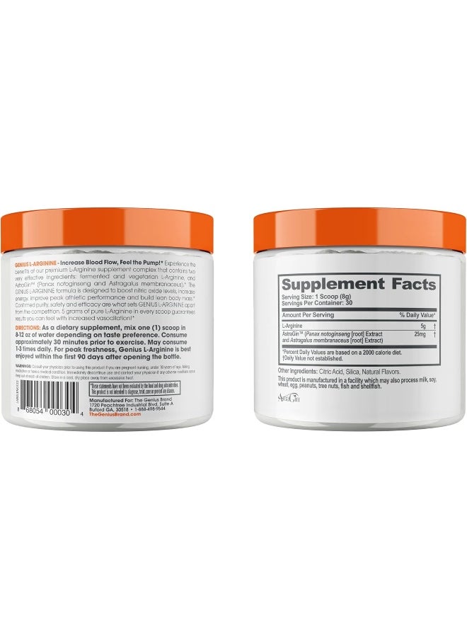 Genius L-Arginine Nitric Oxide Powder - Fermented L-Arginine Nutritional Supplements & Nitric Oxide Booster - Pre Workout, Natural Muscle Builder - 30 Servings, Lemon