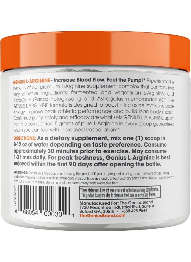 Genius L-Arginine Nitric Oxide Powder - Fermented L-Arginine Nutritional Supplements & Nitric Oxide Booster - Pre Workout, Natural Muscle Builder - 30 Servings, Lemon