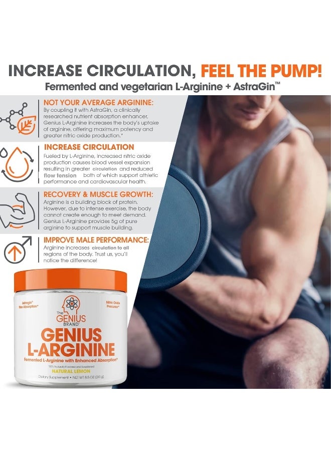 Genius L-Arginine Nitric Oxide Powder - Fermented L-Arginine Nutritional Supplements & Nitric Oxide Booster - Pre Workout, Natural Muscle Builder - 30 Servings, Lemon