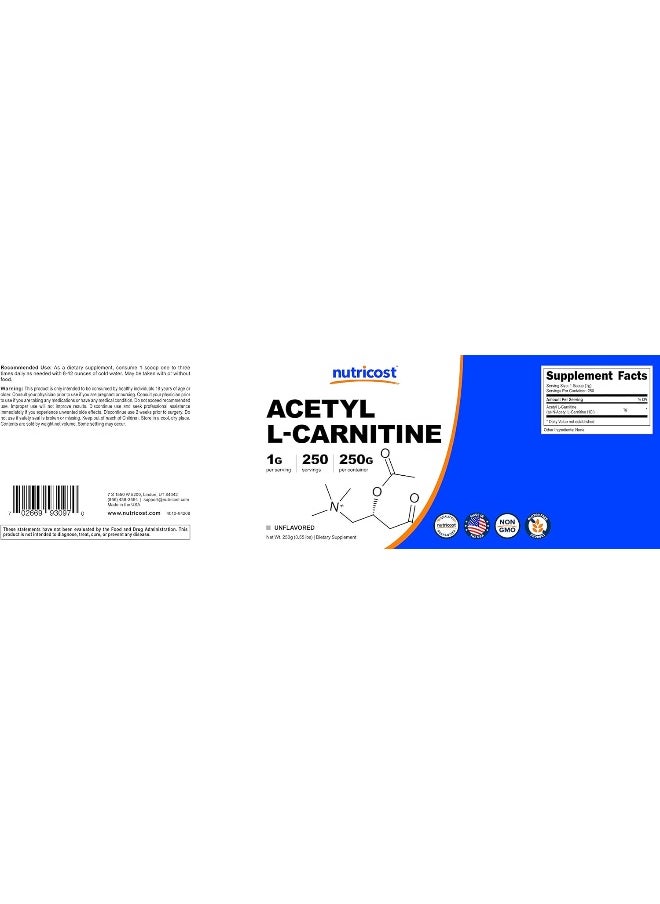 Acetyl L-Carnitine (Alcar) 250 Grams- 1G Per Serving - 250 Servings - Pure Acetyl L-Carnitine Powder